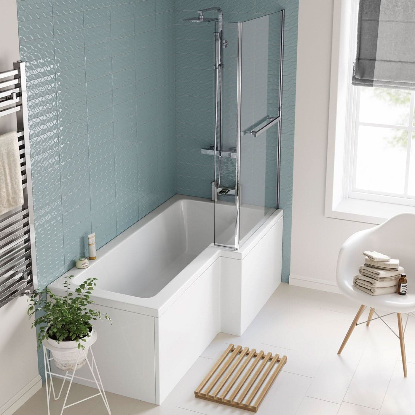 iBathUK Axis Right Hand L-Shaped Shower Bath, Includes Glass Screen, Rail & Front Panel, Modern Space-Saving L Shaped Bath Screen, 1700mm