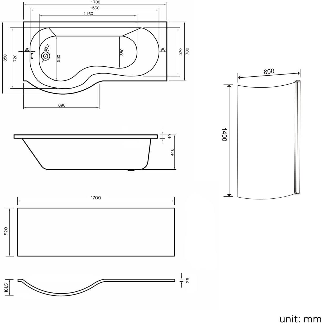 iBathUK Strux Left Hand P-Shaped Shower Bath with Glass Screen & Front Panel, Modern P Shaped Bath with Screen, 1700 x 850mm
