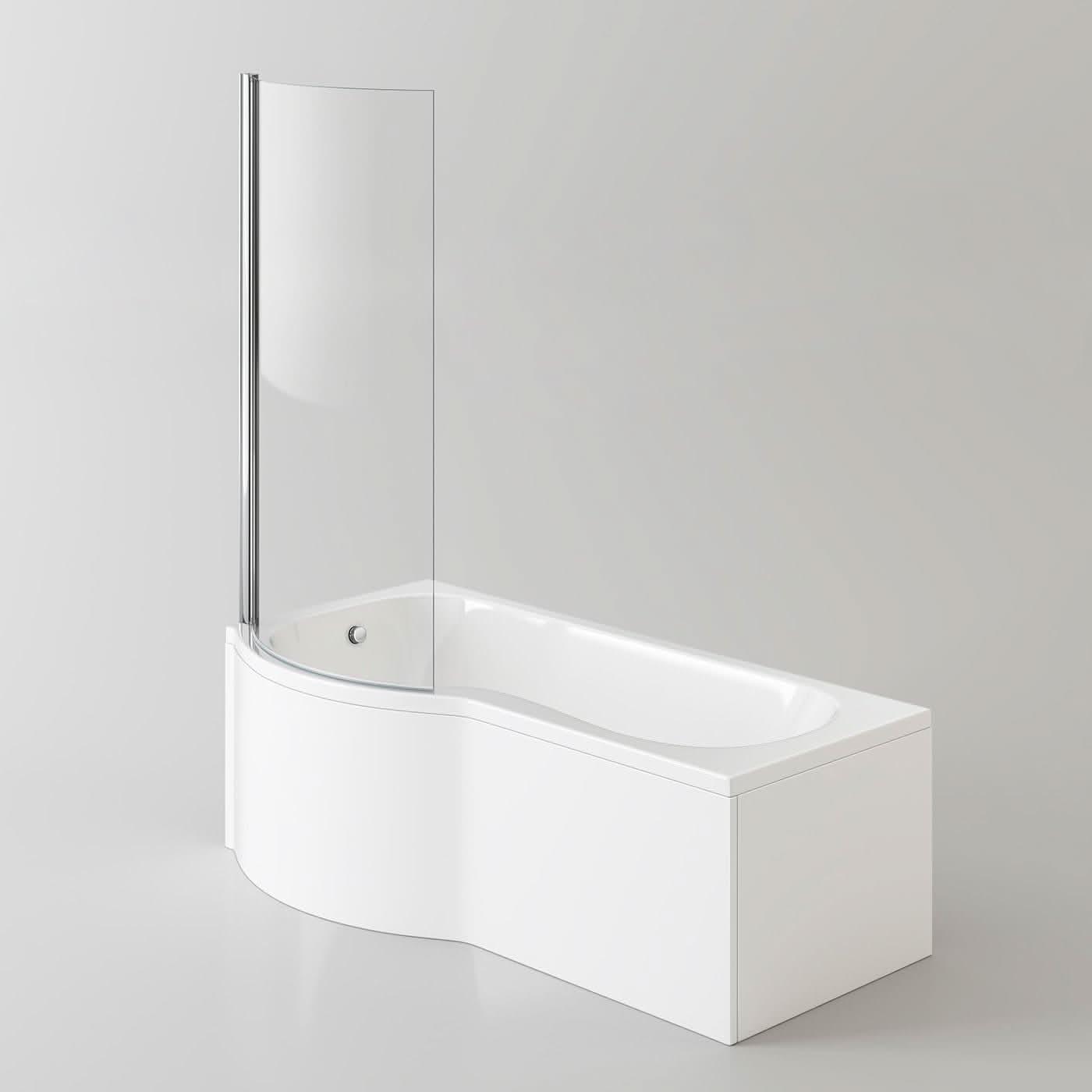 iBathUK Strux Left Hand P-Shaped Shower Bath with Glass Screen & Front Panel, Modern P Shaped Bath with Screen, 1700 x 850mm