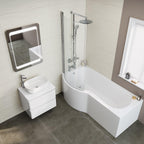 iBathUK Strux Left Hand P-Shaped Shower Bath with Glass Screen & Front Panel, Modern P Shaped Bath with Screen, 1700 x 850mm