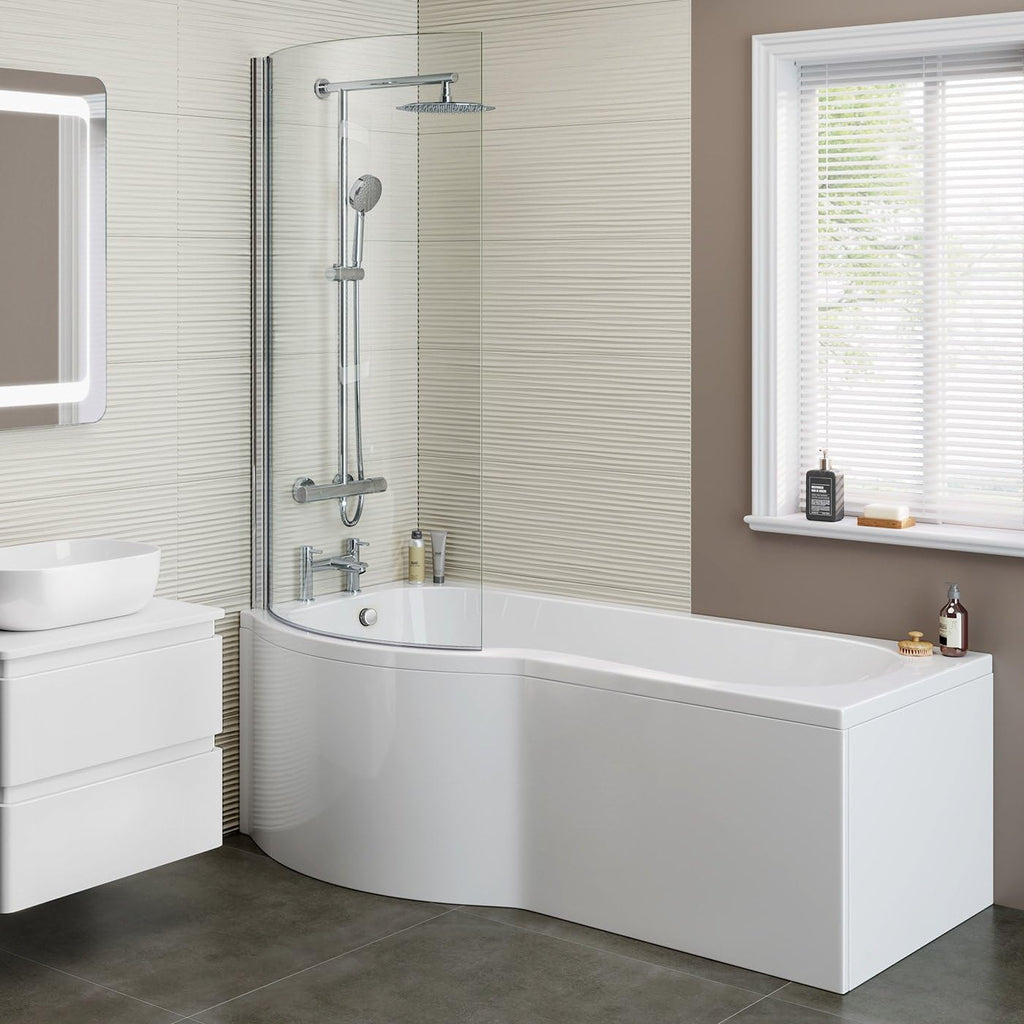 iBathUK Strux Left Hand P-Shaped Shower Bath with Glass Screen & Front Panel, Modern P Shaped Bath with Screen, 1700 x 850mm