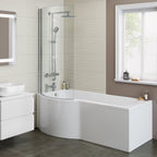 iBathUK Strux Left Hand P-Shaped Shower Bath with Glass Screen & Front Panel, Modern P Shaped Bath with Screen, 1700 x 850mm
