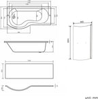 iBathUK Strux Left Hand P-Shaped Shower Bath with Screen, Rail & Front Panel, Modern P Shaped Bath with Screen, 1700 x 850mm