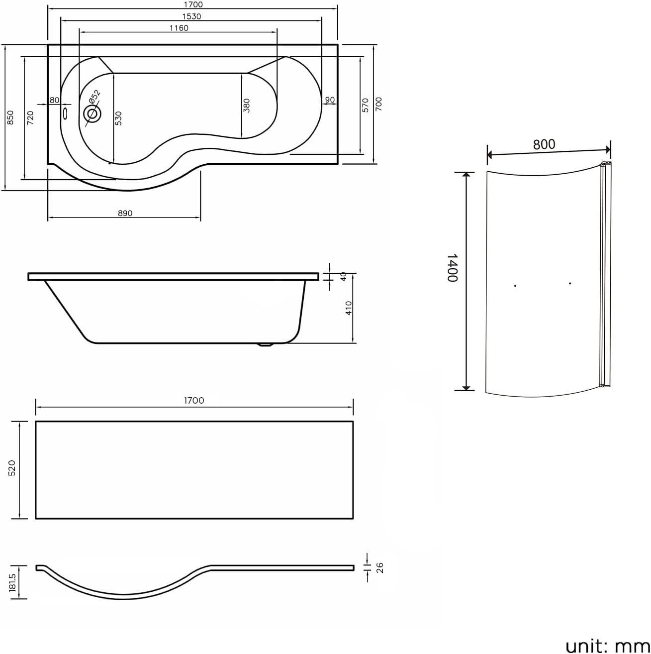 iBathUK Strux Left Hand P-Shaped Shower Bath with Screen, Rail & Front Panel, Modern P Shaped Bath with Screen, 1700 x 850mm
