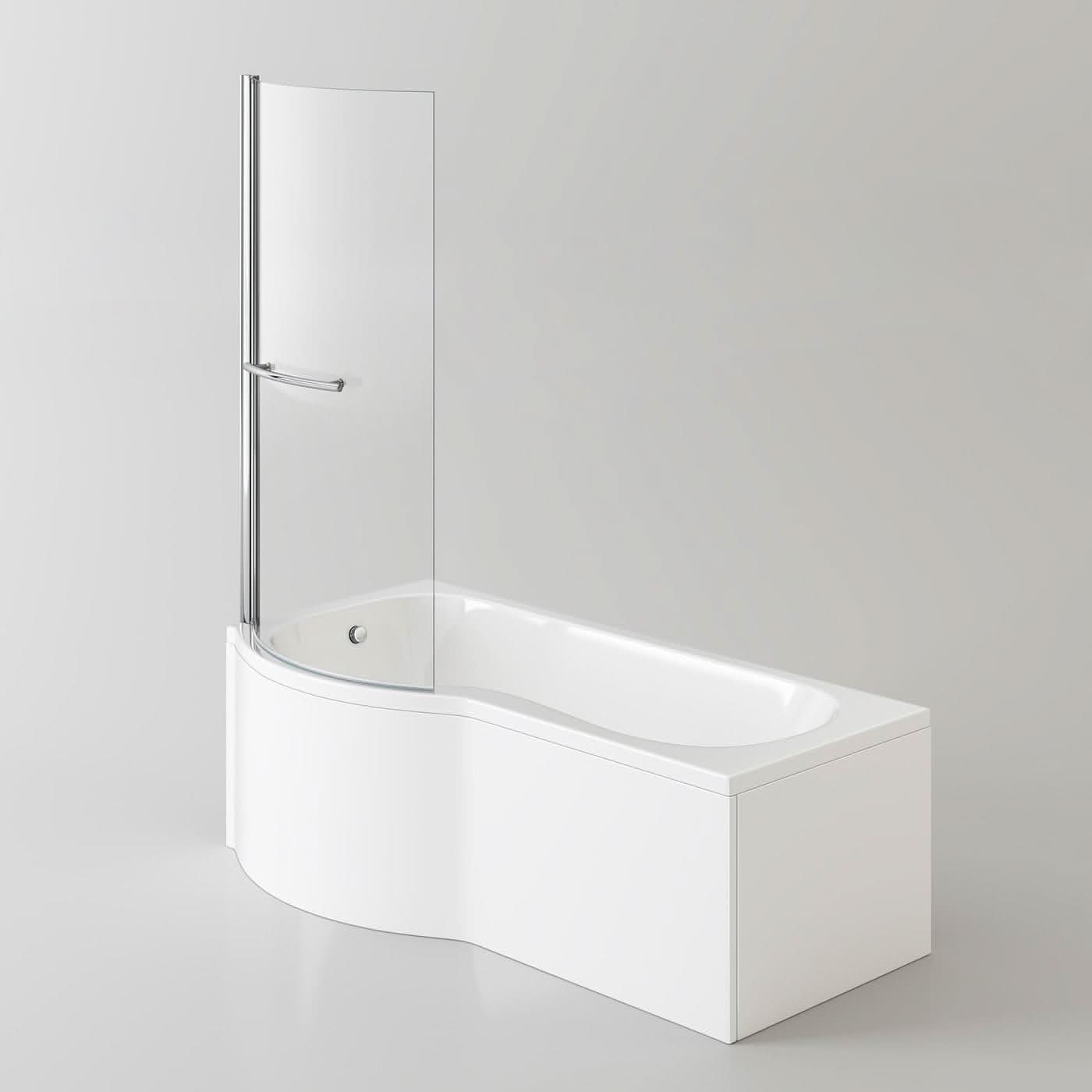 iBathUK Strux Left Hand P-Shaped Shower Bath with Screen, Rail & Front Panel, Modern P Shaped Bath with Screen, 1700 x 850mm
