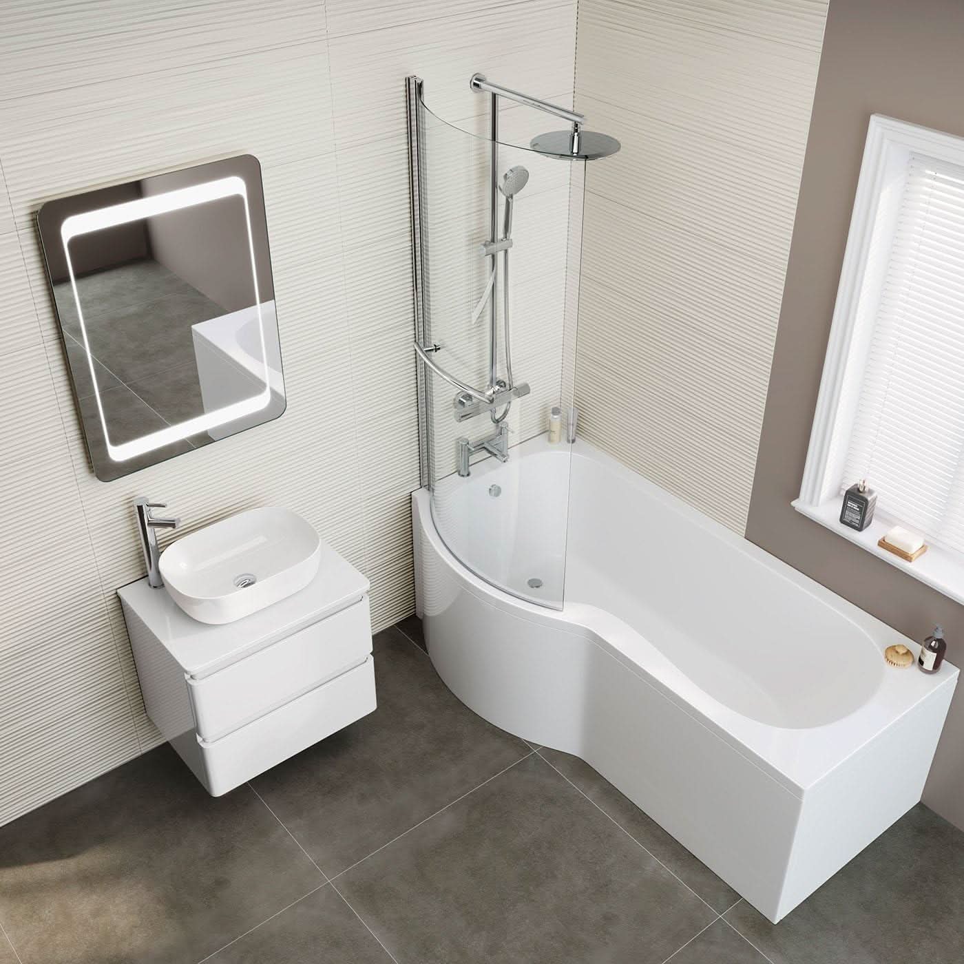 iBathUK Strux Left Hand P-Shaped Shower Bath with Screen, Rail & Front Panel, Modern P Shaped Bath with Screen, 1700 x 850mm