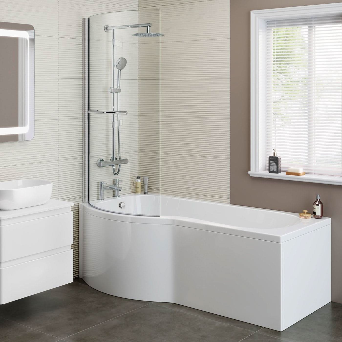 iBathUK Strux Left Hand P-Shaped Shower Bath with Screen, Rail & Front Panel, Modern P Shaped Bath with Screen, 1700 x 850mm