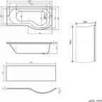 iBathUK Strux Right Hand P-Shaped Shower Bath with Screen, Rail & Front Panel, Modern P Shaped Bath with Screen, 1700 x 850mm