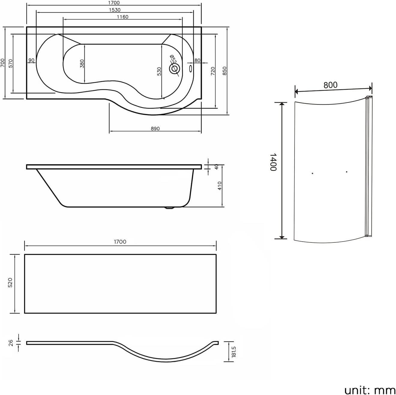 iBathUK Strux Right Hand P-Shaped Shower Bath with Screen, Rail & Front Panel, Modern P Shaped Bath with Screen, 1700 x 850mm