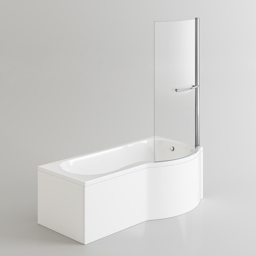iBathUK Strux Right Hand P-Shaped Shower Bath with Screen, Rail & Front Panel, Modern P Shaped Bath with Screen, 1700 x 850mm
