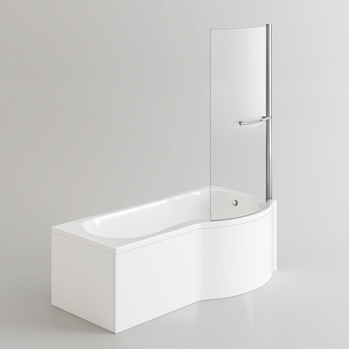 iBathUK Strux Right Hand P-Shaped Shower Bath with Screen, Rail & Front Panel, Modern P Shaped Bath with Screen, 1700 x 850mm