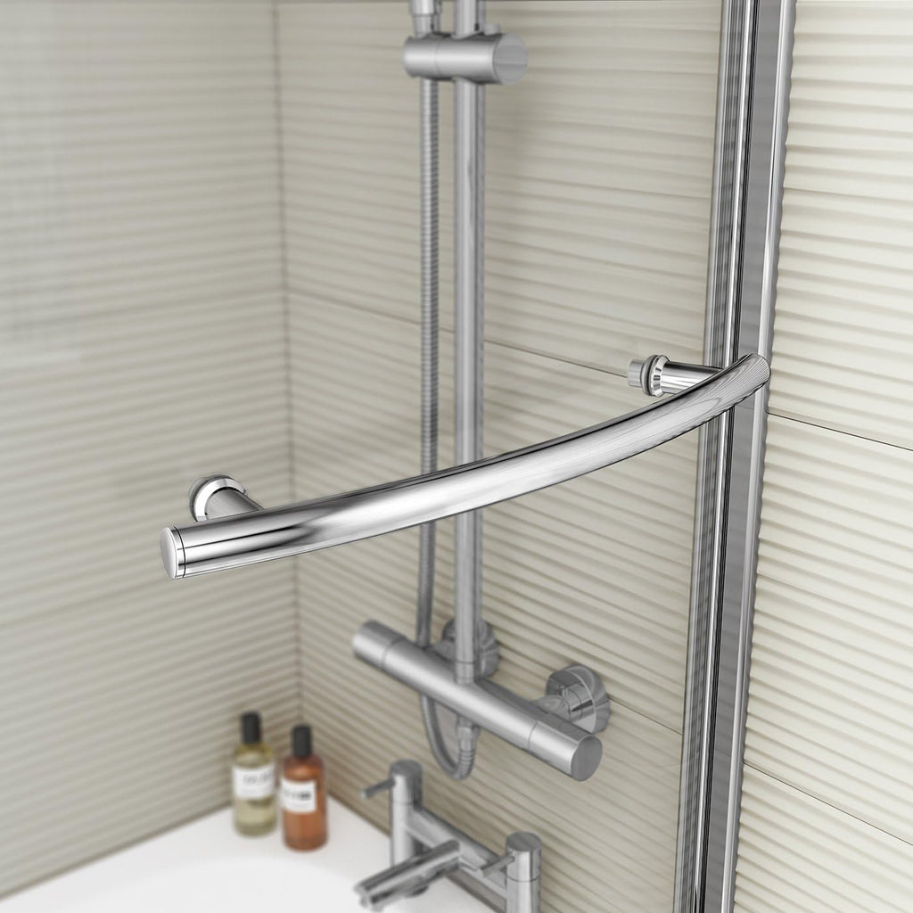 iBathUK Strux Right Hand P-Shaped Shower Bath with Screen, Rail & Front Panel, Modern P Shaped Bath with Screen, 1700 x 850mm