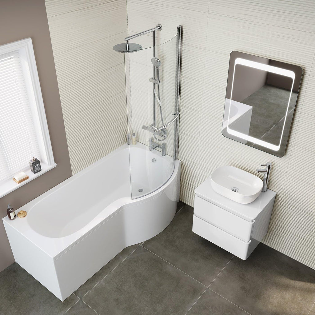 iBathUK Strux Right Hand P-Shaped Shower Bath with Screen, Rail & Front Panel, Modern P Shaped Bath with Screen, 1700 x 850mm