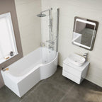 iBathUK Strux Right Hand P-Shaped Shower Bath with Screen, Rail & Front Panel, Modern P Shaped Bath with Screen, 1700 x 850mm