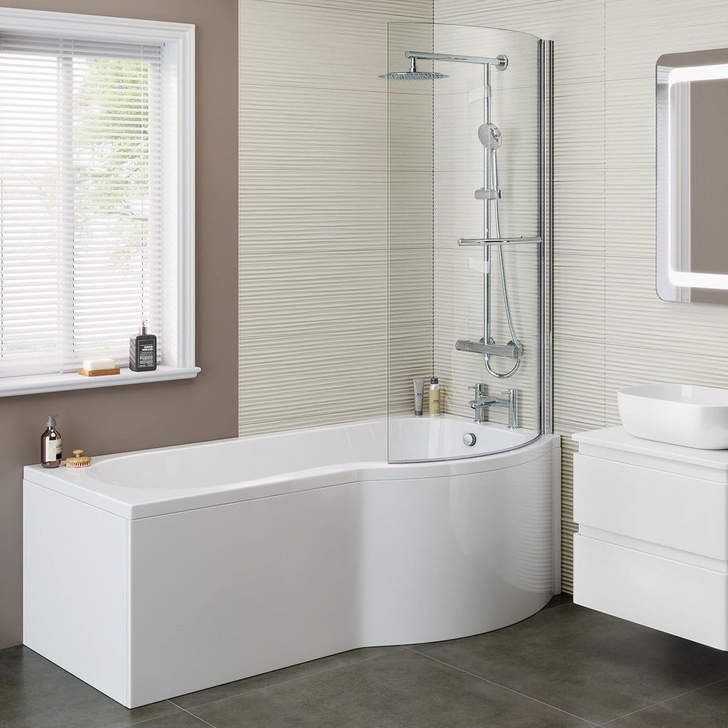 iBathUK Strux Right Hand P-Shaped Shower Bath with Screen, Rail & Front Panel, Modern P Shaped Bath with Screen, 1700 x 850mm