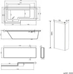 iBathUK Strux Left Hand L-Shaped Shower Bath, Modern Acrylic Bath with Toughened Glass Screen Included, Modern P Shaped Bath with Screen, 1700 x 850mm