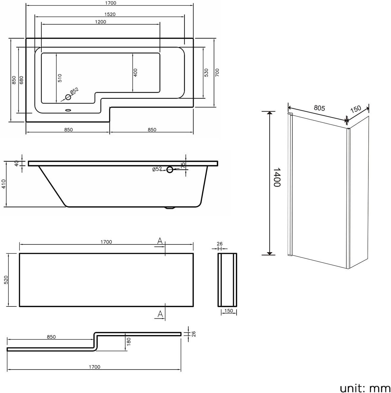 iBathUK Strux Left Hand L-Shaped Shower Bath, Modern Acrylic Bath with Toughened Glass Screen Included, Modern P Shaped Bath with Screen, 1700 x 850mm