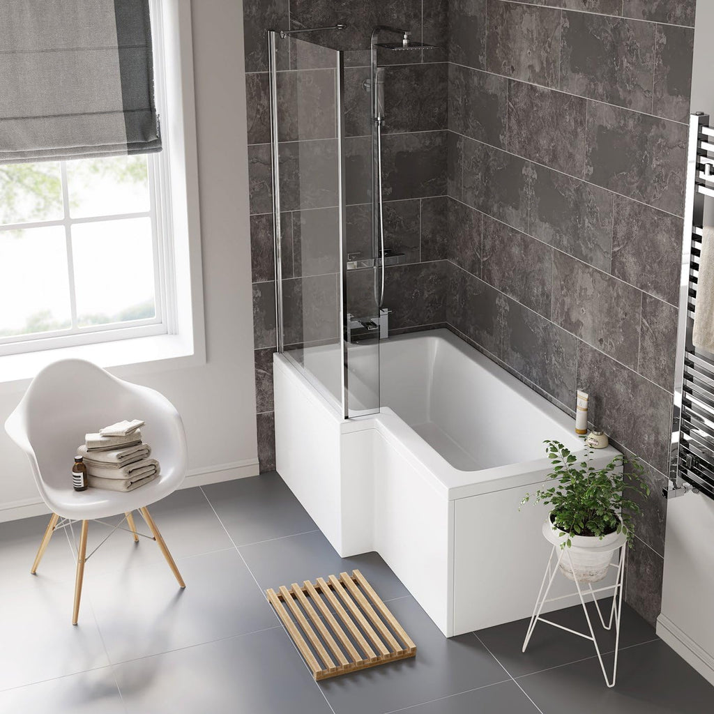 iBathUK Strux Left Hand L-Shaped Shower Bath, Modern Acrylic Bath with Toughened Glass Screen Included, Modern P Shaped Bath with Screen, 1700 x 850mm