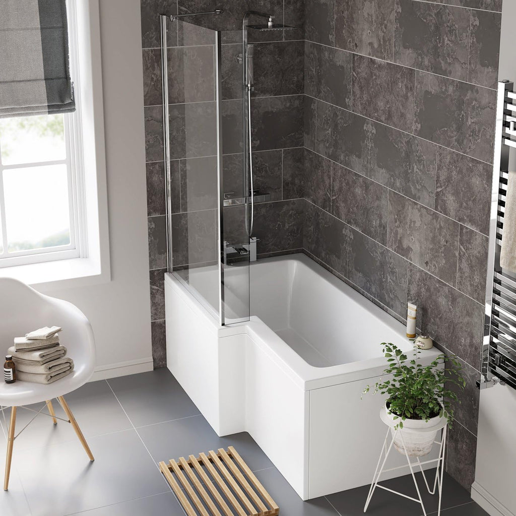 iBathUK Strux Left Hand L-Shaped Shower Bath, Modern Acrylic Bath with Toughened Glass Screen Included, Modern P Shaped Bath with Screen, 1700 x 850mm