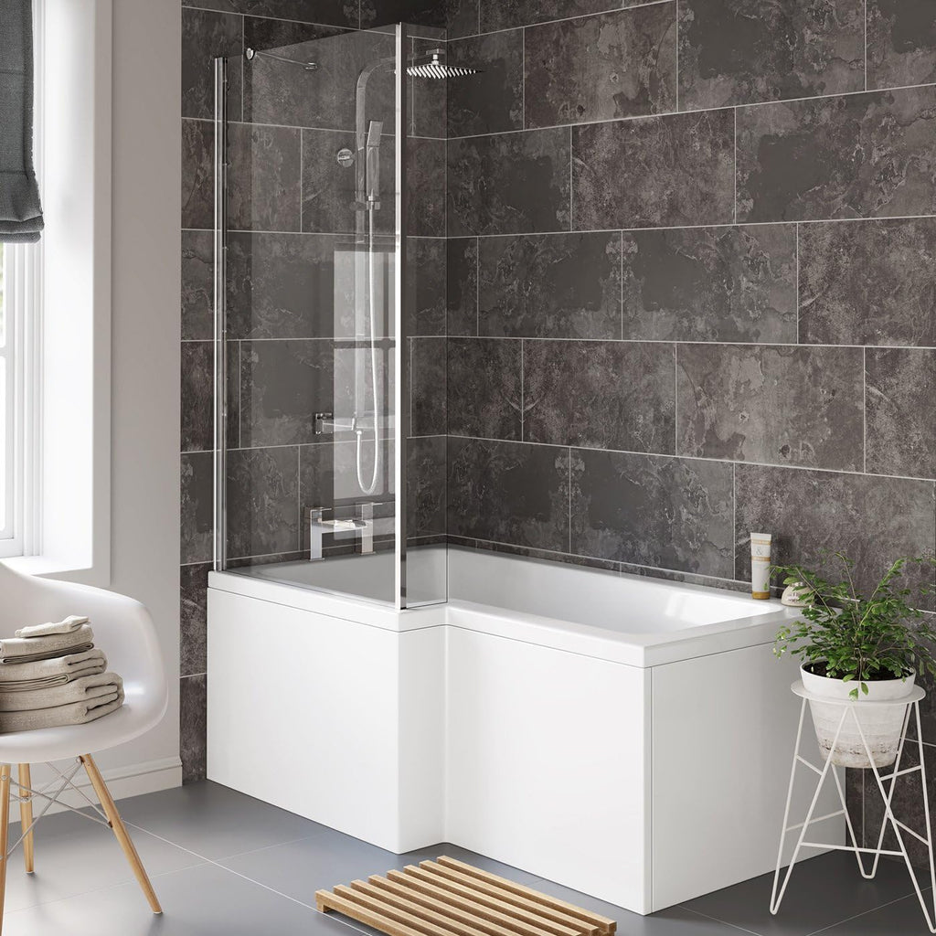 iBathUK Strux Left Hand L-Shaped Shower Bath, Modern Acrylic Bath with Toughened Glass Screen Included, Modern P Shaped Bath with Screen, 1700 x 850mm