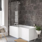 iBathUK Strux Left Hand L-Shaped Shower Bath, Modern Acrylic Bath with Toughened Glass Screen Included, Modern P Shaped Bath with Screen, 1700 x 850mm