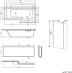 iBathUK Strux Right Hand L-Shaped Shower Bath, Modern Acrylic Bath with Toughened Glass Screen Included, P Shaped Bath with Screen, 1700 x 850mm