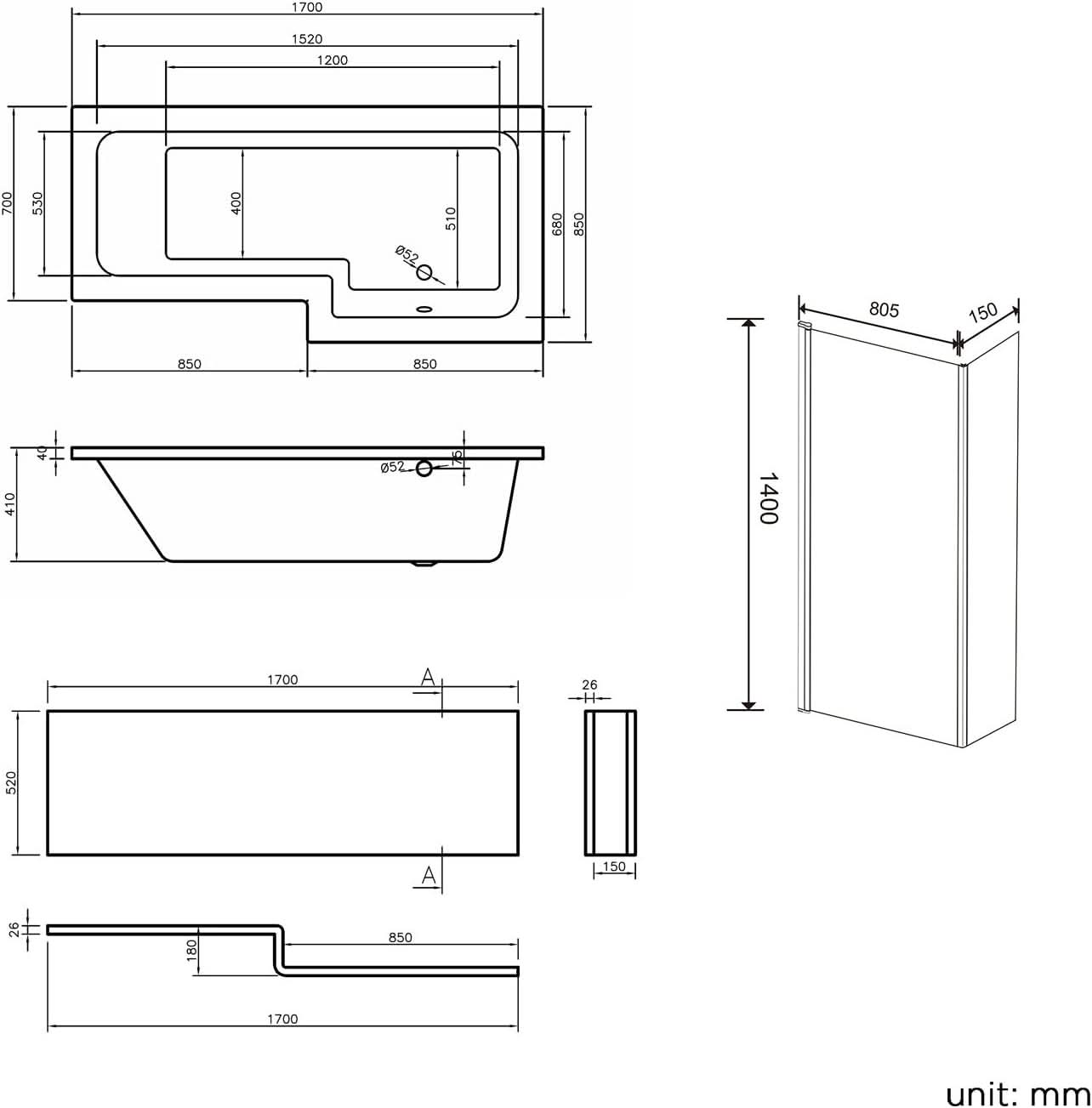 iBathUK Strux Right Hand L-Shaped Shower Bath, Modern Acrylic Bath with Toughened Glass Screen Included, P Shaped Bath with Screen, 1700 x 850mm