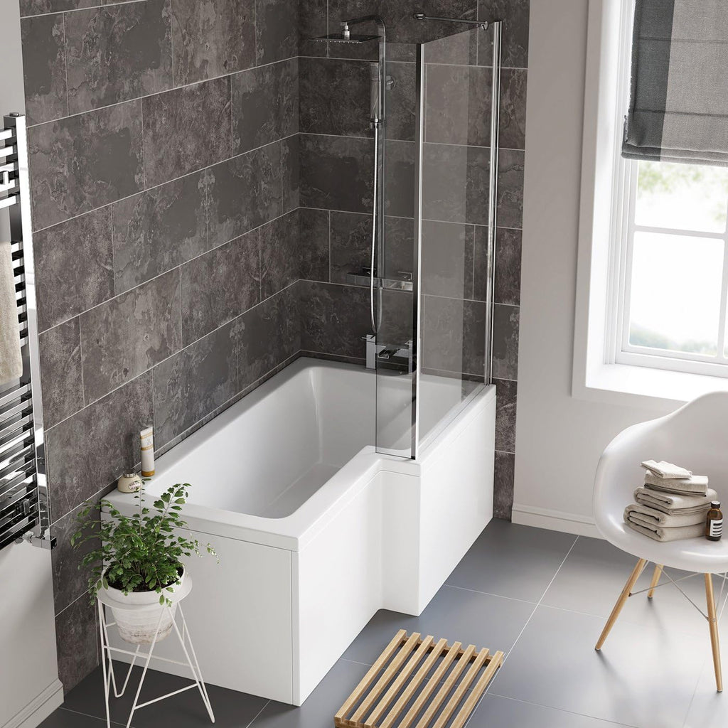 iBathUK Strux Right Hand L-Shaped Shower Bath, Modern Acrylic Bath with Toughened Glass Screen Included, P Shaped Bath with Screen, 1700 x 850mm