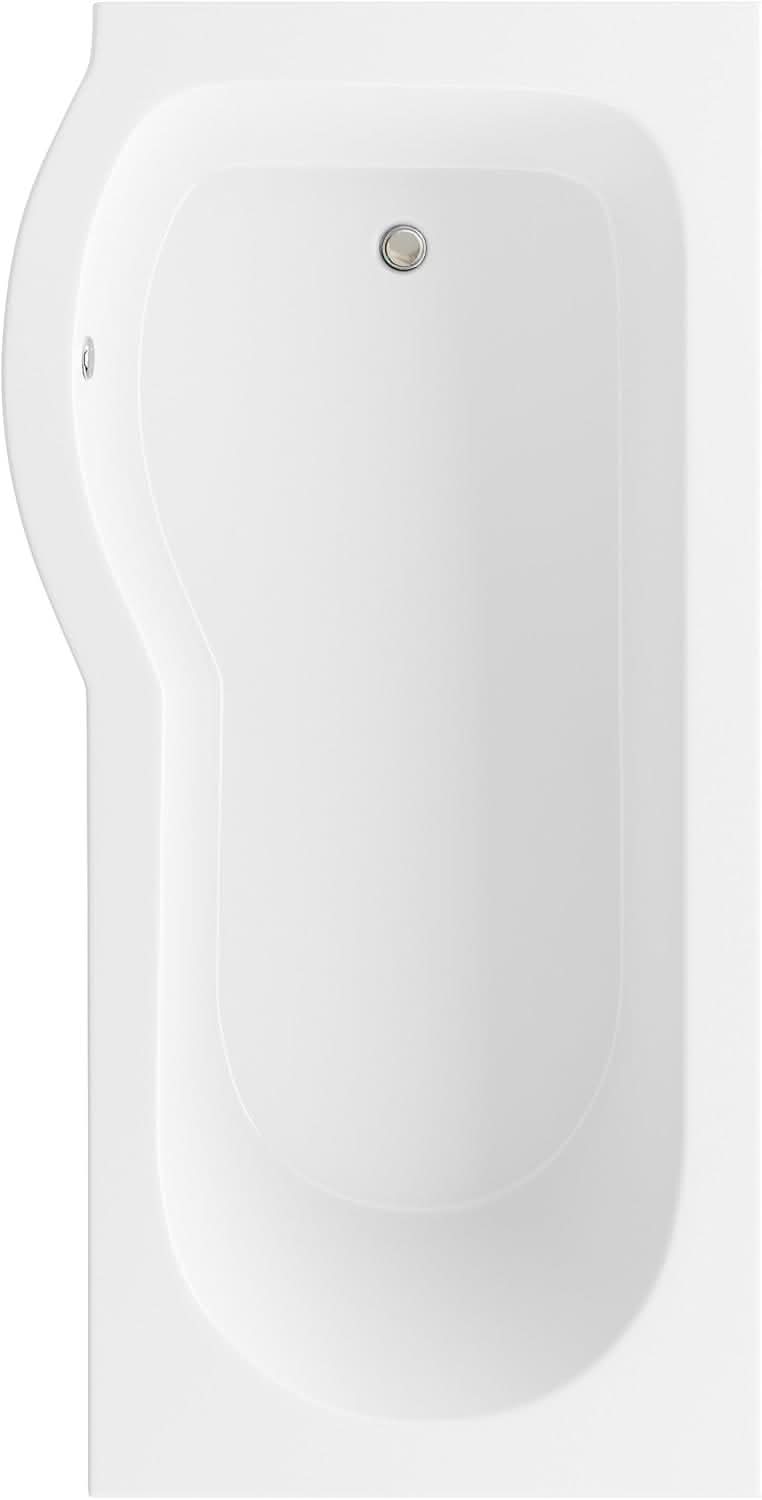 iBathUK Elan Left Hand P-Shaped Shower Bath, Modern Acrylic Tub with Glass Screen & Front Panel Set, P Shaped Bath with Screen, 1600mm