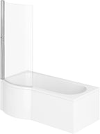 iBathUK Elan Left Hand P-Shaped Shower Bath, Modern Acrylic Tub with Glass Screen & Front Panel Set, P Shaped Bath with Screen, 1600mm