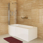 iBathUK Elan Left Hand P-Shaped Shower Bath, Modern Acrylic Tub with Glass Screen & Front Panel Set, P Shaped Bath with Screen, 1600mm