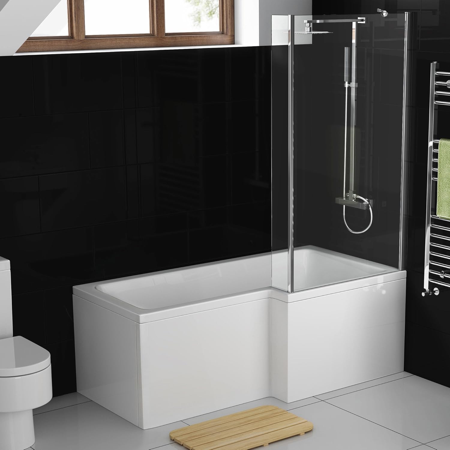 iBathUK Velza Right Hand L-Shaped Shower Bath, Straight Acrylic Bathtub with Toughened Glass Shower Screen, L Shaped Bath Screen, 1500mm