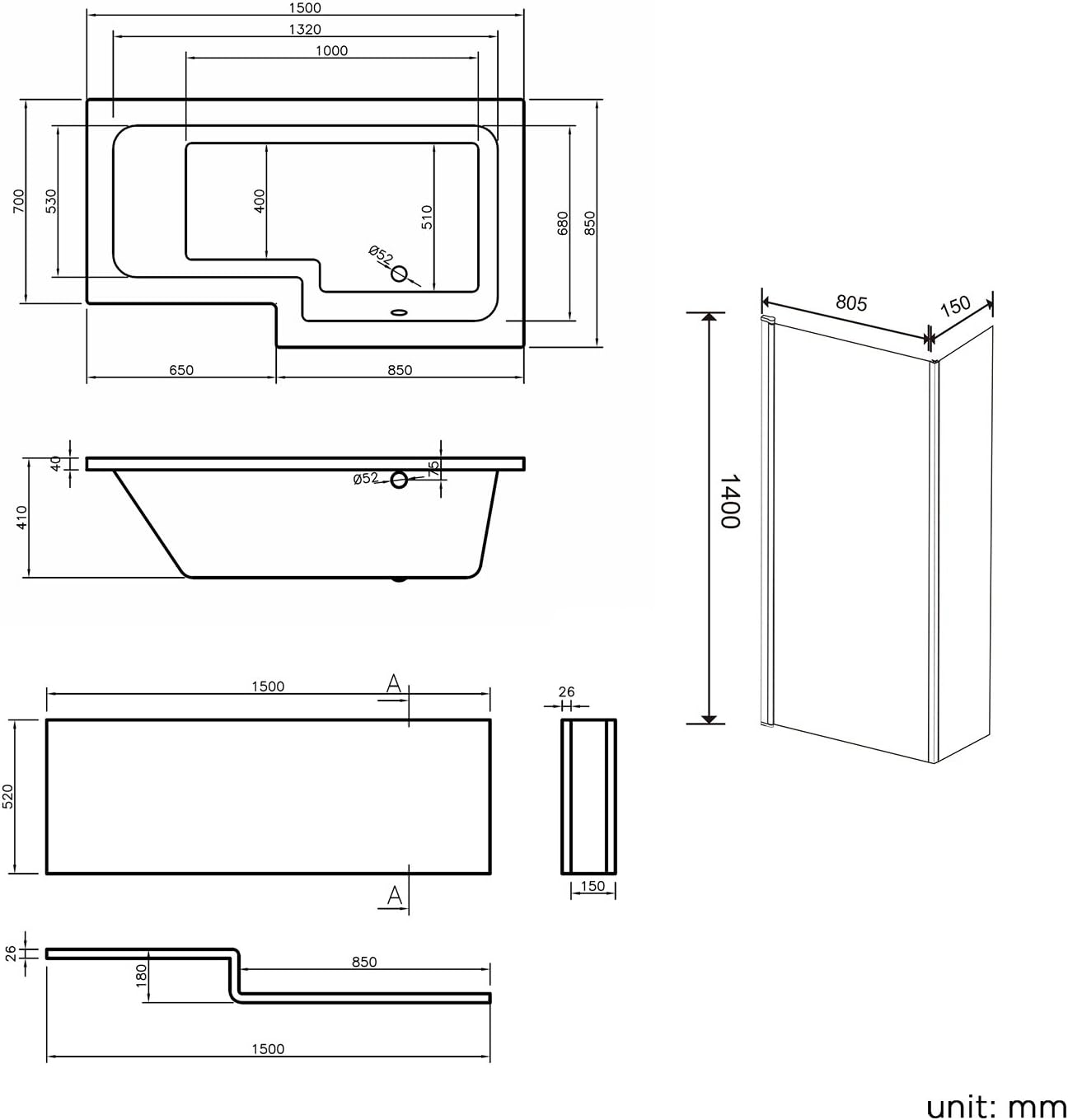 iBathUK Velza Right Hand L-Shaped Shower Bath, Modern Acrylic Bathtub with Glass Shower Screen & Matching Front Panel, L Shaped Bath Screen, 1500mm