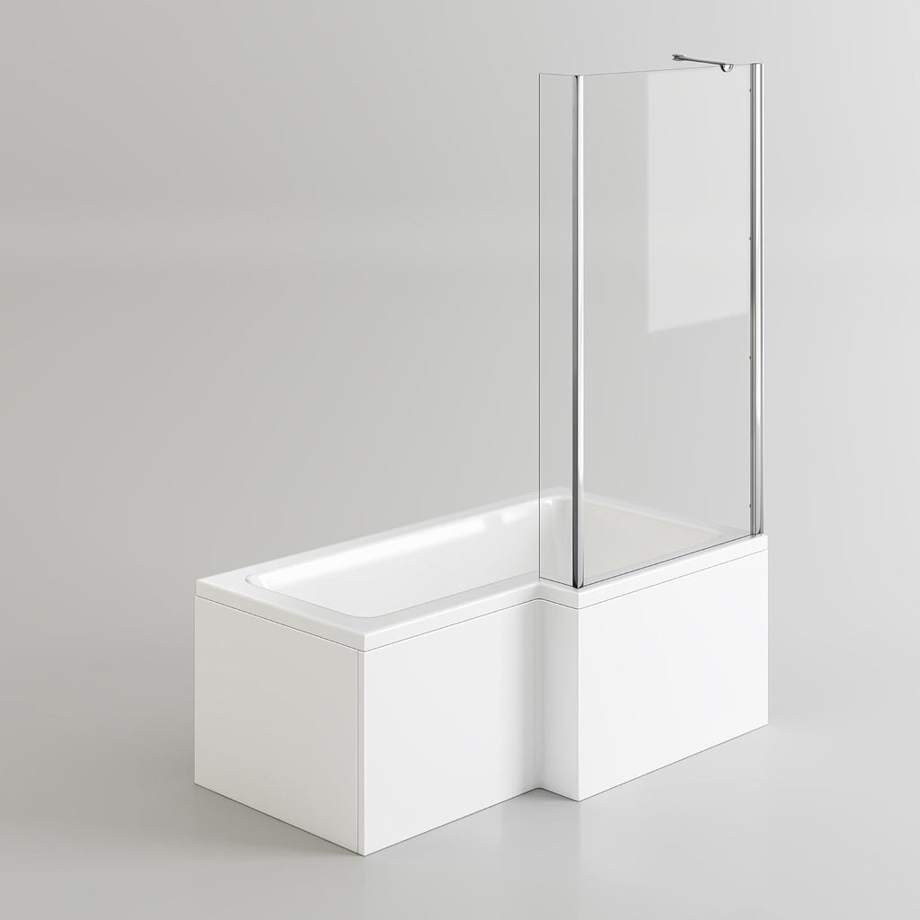 iBathUK Velza Right Hand L-Shaped Shower Bath, Modern Acrylic Bathtub with Glass Shower Screen & Matching Front Panel, L Shaped Bath Screen, 1500mm