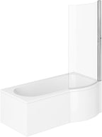 iBathUK Tressa Right Hand P-Shaped Shower Bath, Modern Acrylic Tub with Glass Screen & Matching Side Bath Panel, P Shaped Bath with Screen, 1600mm