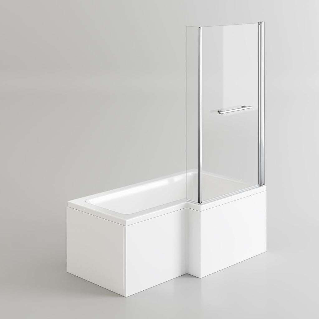 iBathUK Tressa Right Hand L-Shaped Luxury Shower Bath, Modern Acrylic Bathtub with Glass Shower Screen, L Shaped Bath Screen, 1500mm