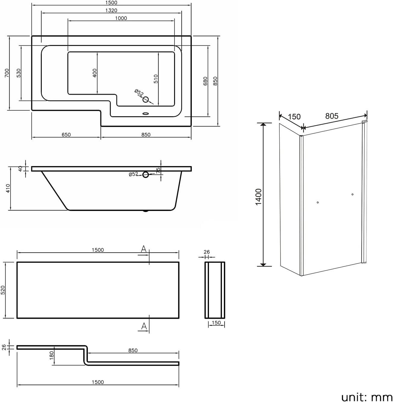 iBathUK Tressa Right Hand L-Shaped Luxury Shower Bath, Modern Acrylic Bathtub with Glass Shower Screen, L Shaped Bath Screen, 1500mm