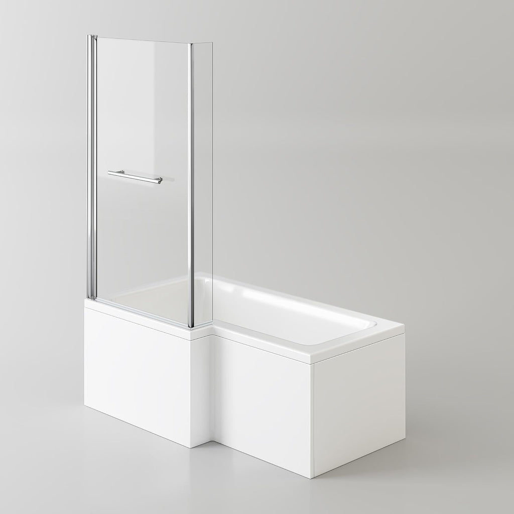 iBathUK Veil Left Hand L-Shaped Shower Bath, Modern Acrylic Bathtub with Glass Shower Screen & Matching Front Panel, L Shaped Bath Screen, 1500mm