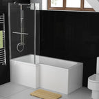 iBathUK Veil Left Hand L-Shaped Shower Bath, Modern Acrylic Bathtub with Glass Shower Screen & Matching Front Panel, L Shaped Bath Screen, 1500mm