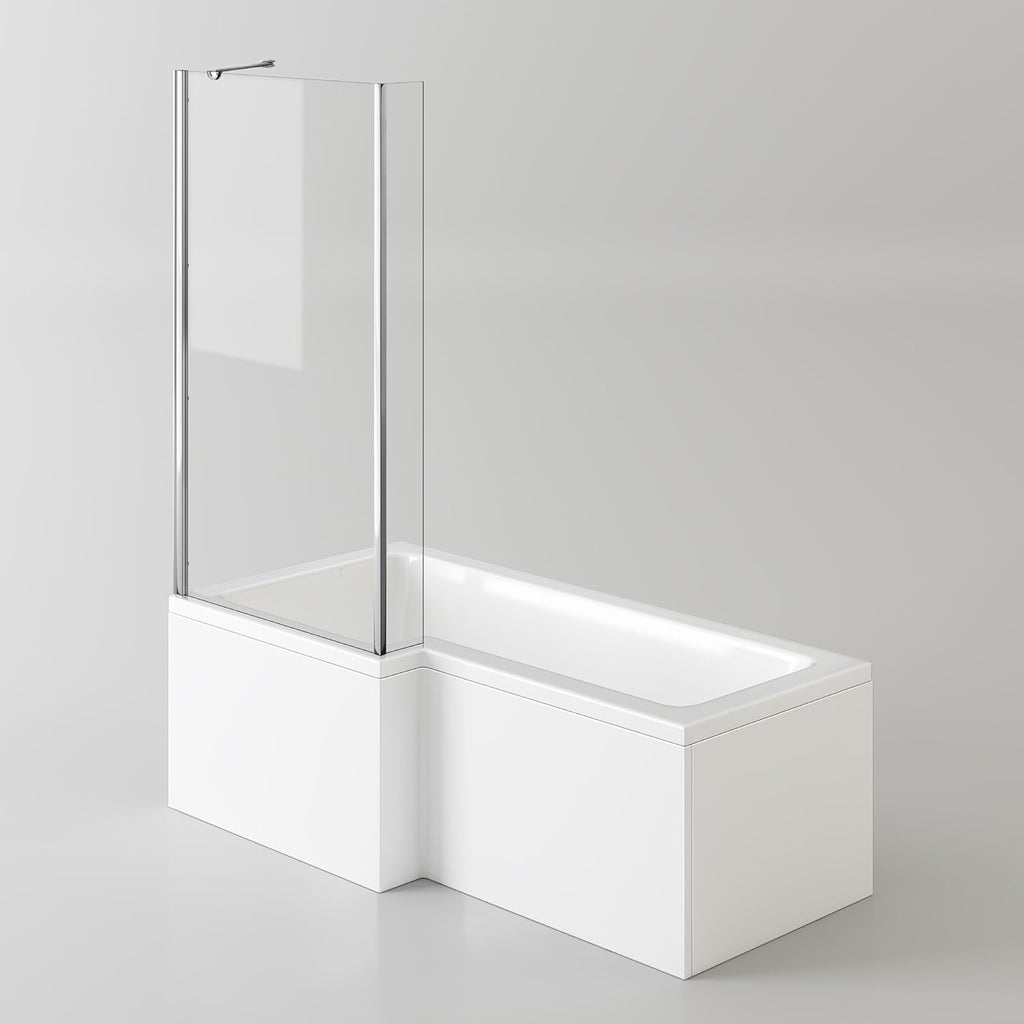 iBathUK Veil Left Hand L-Shaped Shower Bath, Modern Acrylic Bathtub with Glass Shower Screen & Matching Front Panel, L Shaped Bath Screen, 1700mm