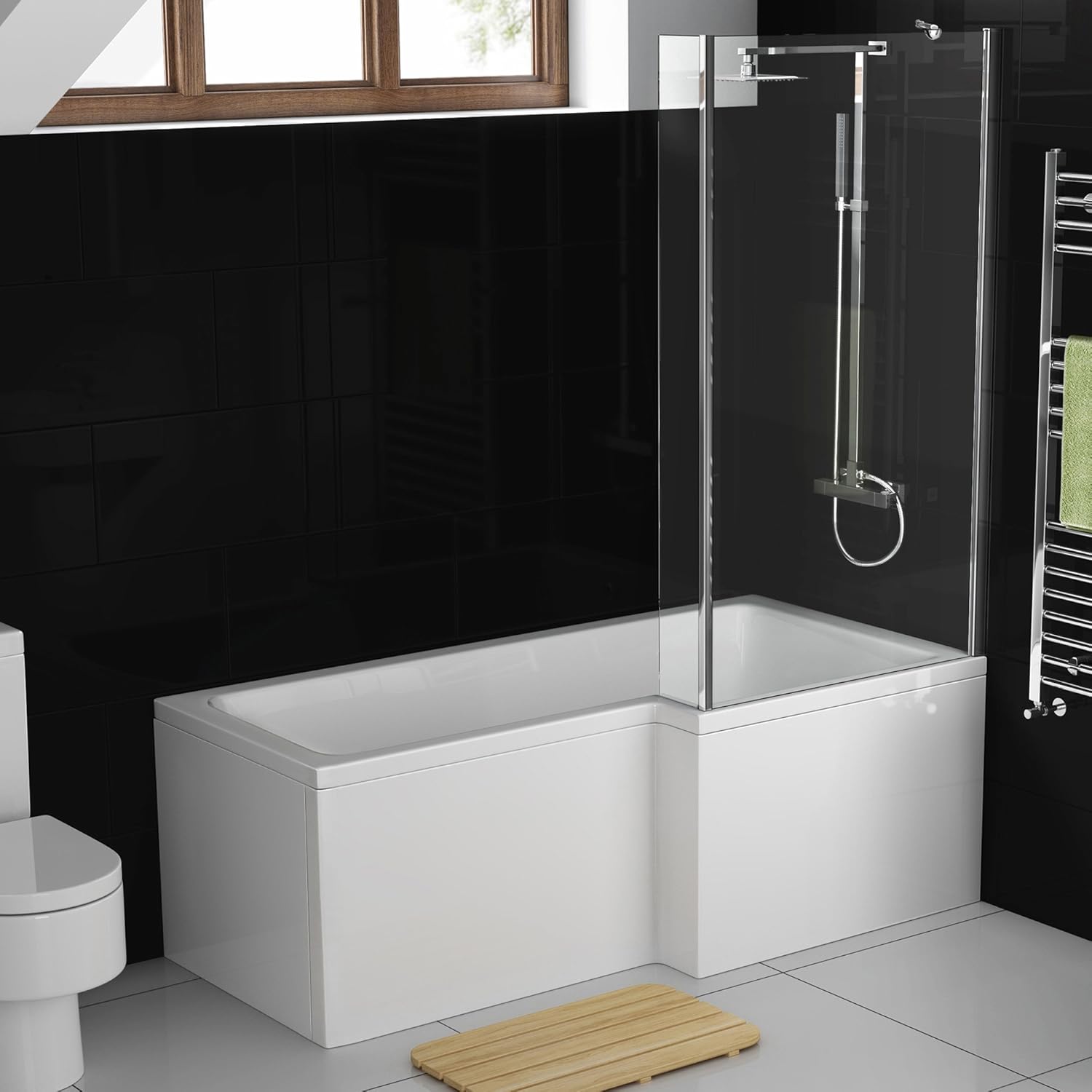 iBathUK Veil Right Hand L-Shaped Shower Bath, Modern Acrylic Bathtub with Glass Shower Screen & Matching Front Panel, L Shaped Bath Screen, 1700mm