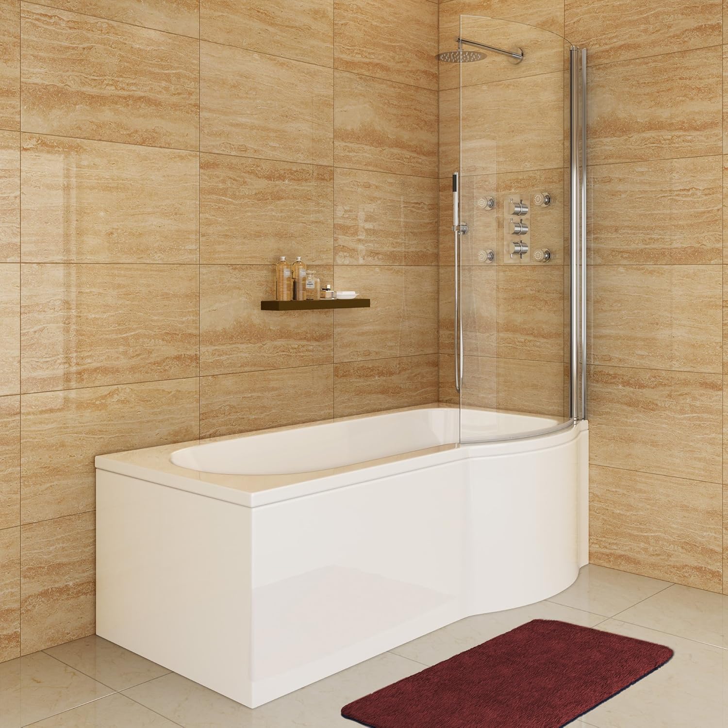 iBathUK Veil Right Hand P-Shaped Shower Bath, Modern Acrylic Bathtub with Glass Shower Screen & Matching Bath Panel Set, P Shaped Bath with Screen, 1600mm