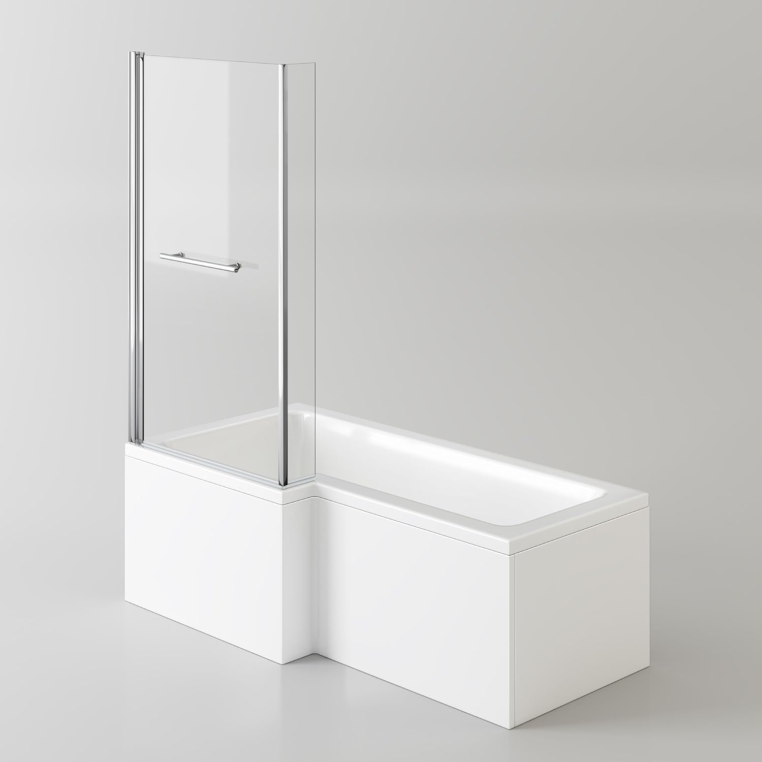 iBathUK Veil Left Hand L-Shaped Shower Bath, Straight Acrylic Bathtub with Glass Screen & Panel, L Shaped Bath Screen, 1700mm