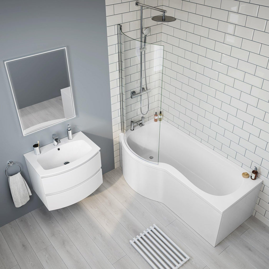 iBathUK Soffra Left Hand P-Shaped Shower Bath, Luxury Acrylic Bathtub with Glass Shower Screen & Matching Front Panel, P Shaped Bath with Screen, 1700mm