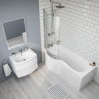 iBathUK Soffra Left Hand P-Shaped Shower Bath, Luxury Acrylic Bathtub with Glass Shower Screen & Matching Front Panel, P Shaped Bath with Screen, 1700mm