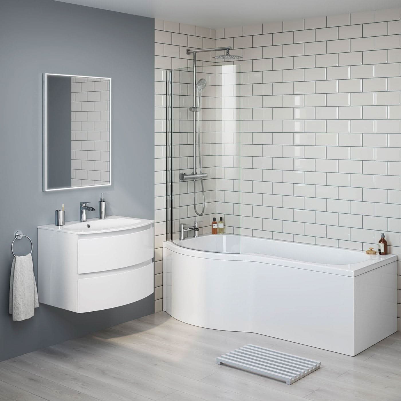 iBathUK Soffra Left Hand P-Shaped Shower Bath, Luxury Acrylic Bathtub with Glass Shower Screen & Matching Front Panel, P Shaped Bath with Screen, 1700mm