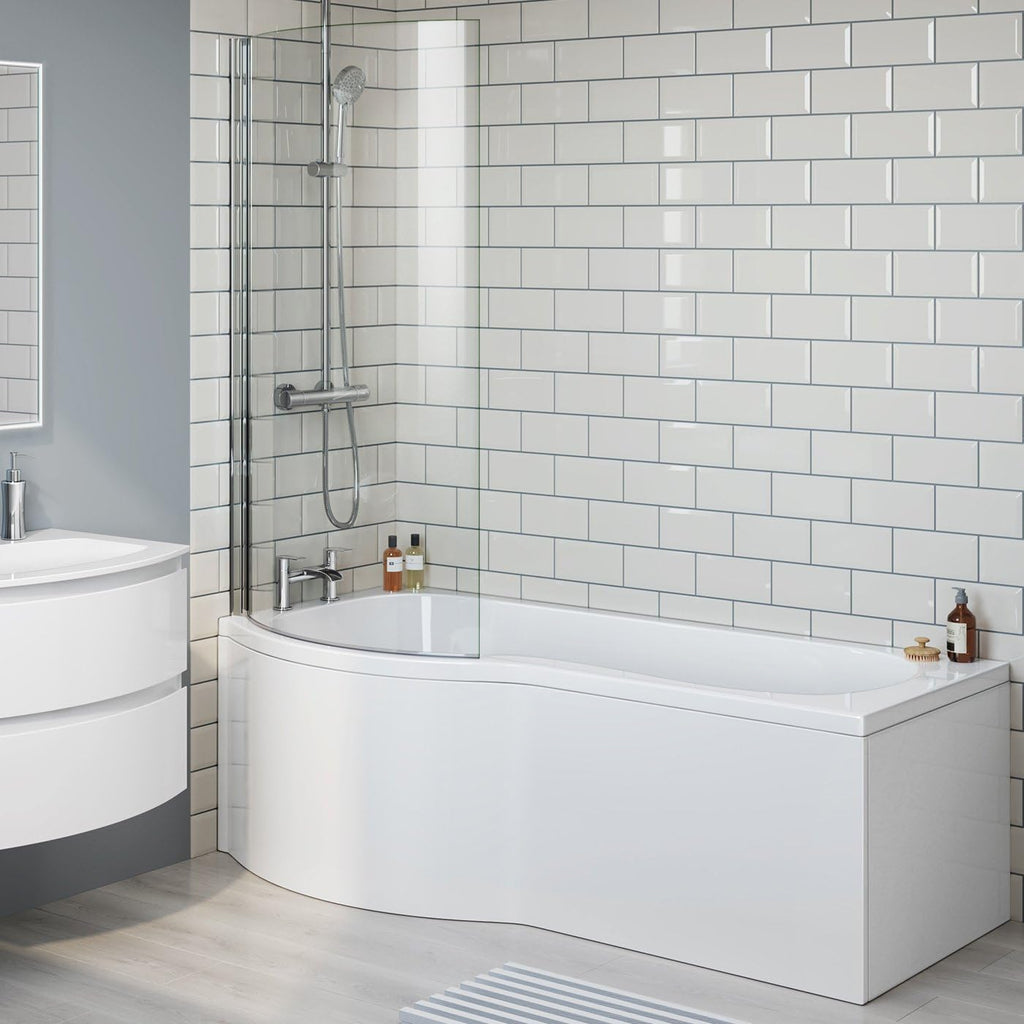 iBathUK Soffra Left Hand P-Shaped Shower Bath, Luxury Acrylic Bathtub with Glass Shower Screen & Matching Front Panel, P Shaped Bath with Screen, 1700mm