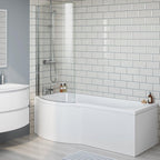 iBathUK Soffra Left Hand P-Shaped Shower Bath, Luxury Acrylic Bathtub with Glass Shower Screen & Matching Front Panel, P Shaped Bath with Screen, 1700mm