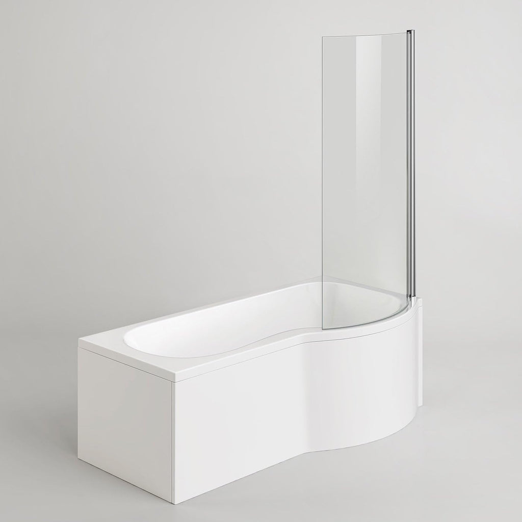 iBathUK Soffra Right Hand P-Shaped Shower Bath, Luxury Acrylic Straight Bathtub with Glass Screen & Matching Front Panel, P Shaped Bath with Screen, 1700mm