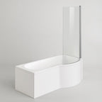 iBathUK Soffra Right Hand P-Shaped Shower Bath, Luxury Acrylic Straight Bathtub with Glass Screen & Matching Front Panel, P Shaped Bath with Screen, 1700mm